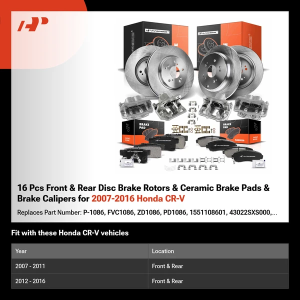 16 Pcs Front & Rear Disc Brake Rotors & Ceramic Brake Pads & Brake Calipers for 2007-2016 Honda CR-V