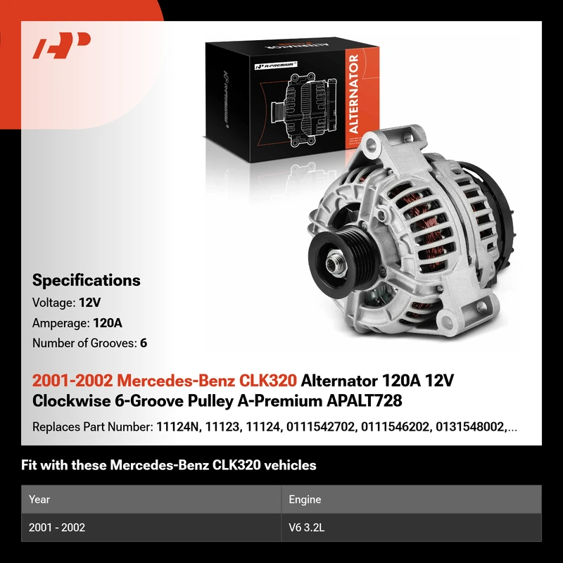 2001-2002 Mercedes-Benz CLK320 Alternator 120A 12V Clockwise 6-Groove Pulley A-Premium APALT728