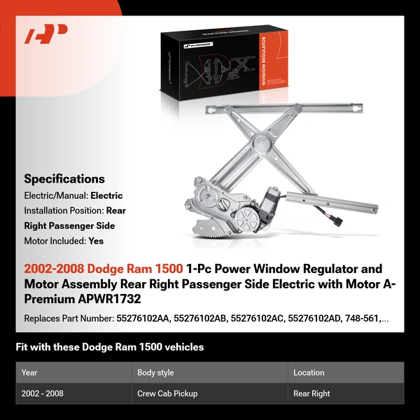 2002-2008 Dodge Ram 1500 1-Pc Power Window Regulator and Motor Assembly Rear Right Passenger Side Electric with Motor A-Premium APWR1732