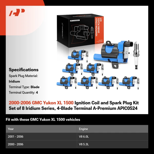 2000-2006 GMC Yukon XL 1500 Ignition Coil and Spark Plug Kit Set of 8 Iridium Series, 4-Blade Terminal A-Premium APIC0524