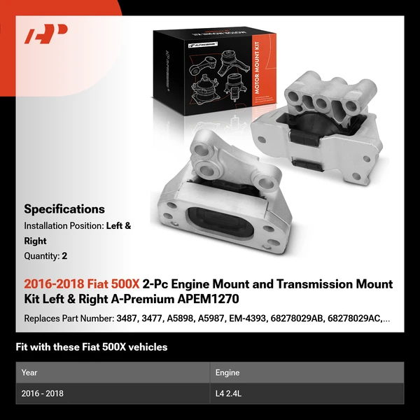 2016-2018 Fiat 500X 2-Pc Engine Mount and Transmission Mount Kit Left & Right A-Premium APEM1270