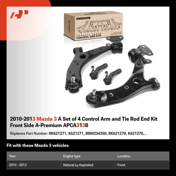 2010-2013 Mazda 3 A Set of 4 Control Arm and Tie Rod End Kit Front Side A-Premium APCA3138