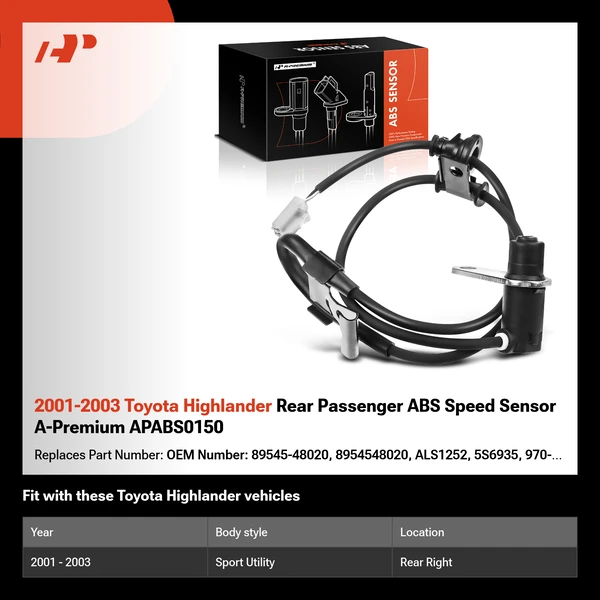 2001-2003 Toyota Highlander Rear Passenger ABS Speed Sensor A-Premium APABS0150