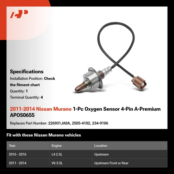 2011-2014 Nissan Murano 1-Pc Oxygen Sensor 4-Pin A-Premium APOS0655