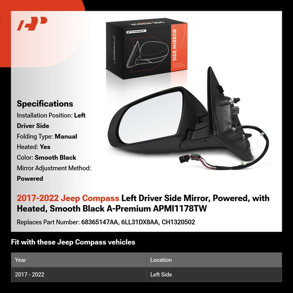 2017-2022 Jeep Compass Left Driver Side Mirror, Powered, with Heated, Smooth Black A-Premium APMI1178TW