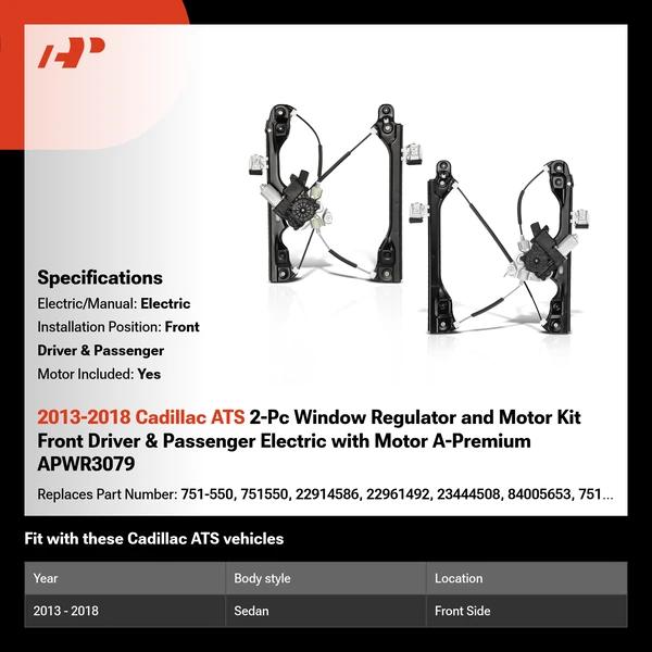 2013-2018 Cadillac ATS 2-Pc Window Regulator and Motor Kit Front Driver & Passenger Electric with Motor A-Premium APWR3079