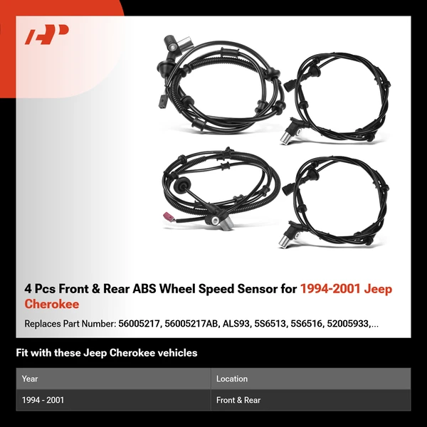 4 Pcs Front & Rear ABS Wheel Speed Sensor for 1994-2001 Jeep Cherokee