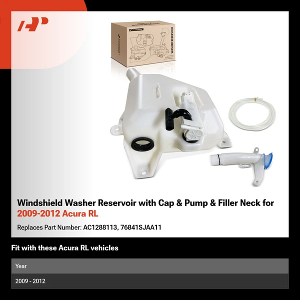 Windshield Washer Reservoir with Cap & Pump & Filler Neck for 2009-2012 Acura RL