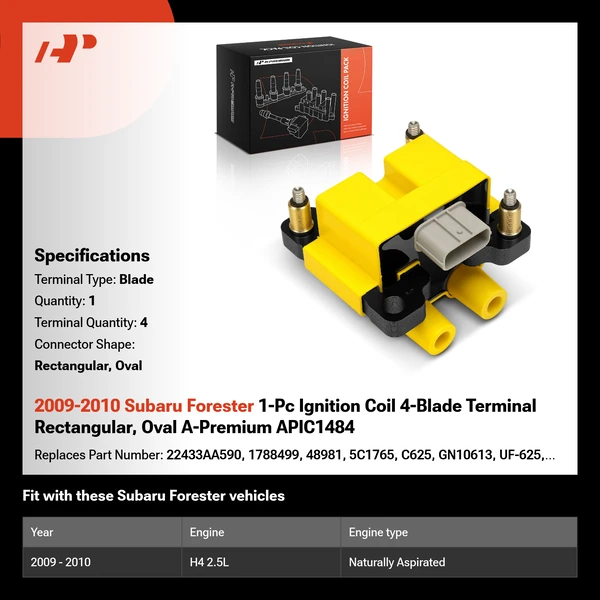 2009-2010 Subaru Forester 1-Pc Ignition Coil 4-Blade Terminal Rectangular, Oval A-Premium APIC1484