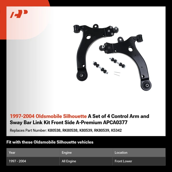 1997-2004 Oldsmobile Silhouette A Set of 4 Control Arm and Sway Bar Link Kit Front Side A-Premium APCA0377