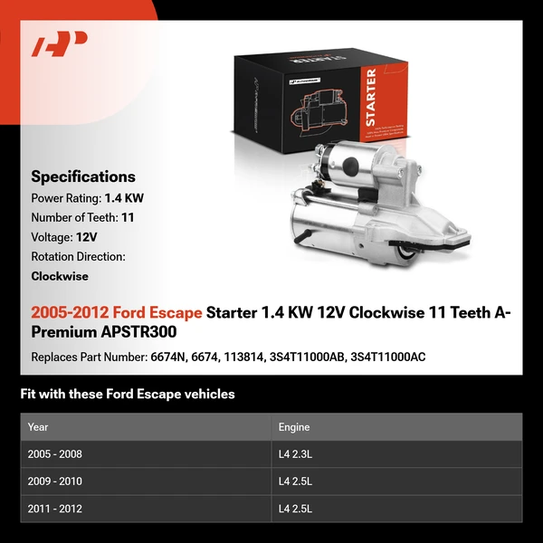 2005-2012 Ford Escape Starter 1.4 KW 12V Clockwise 11 Teeth A-Premium APSTR300