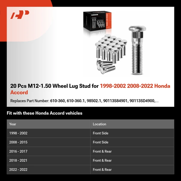 20 Pcs M12-1.50 Wheel Lug Stud for 1998-2002 2008-2022 Honda Accord