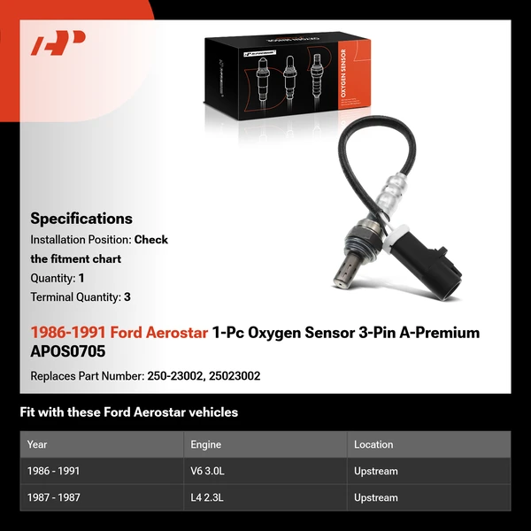 1986-1991 Ford Aerostar 1-Pc Oxygen Sensor 3-Pin A-Premium APOS0705