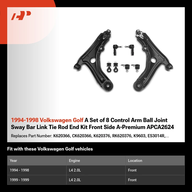1994-1998 Volkswagen Golf A Set of 8 Control Arm Ball Joint Sway Bar Link Tie Rod End Kit Front Side A-Premium APCA2624