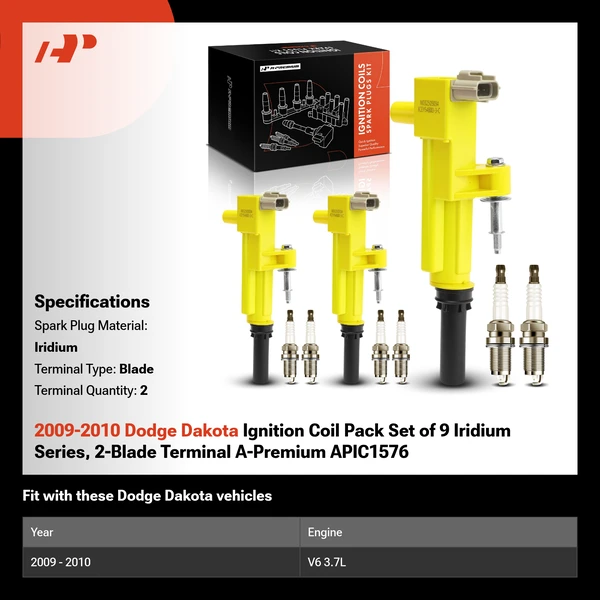 2009-2010 Dodge Dakota Ignition Coil Pack Set of 9 Iridium Series, 2-Blade Terminal A-Premium APIC1576