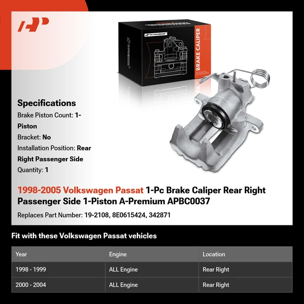 1998-2005 Volkswagen Passat 1-Pc Brake Caliper Rear Right Passenger Side 1-Piston A-Premium APBC0037