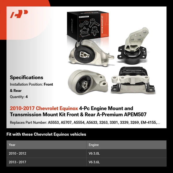 2010-2017 Chevrolet Equinox 4-Pc Engine Mount and Transmission Mount Kit Front & Rear A-Premium APEM507