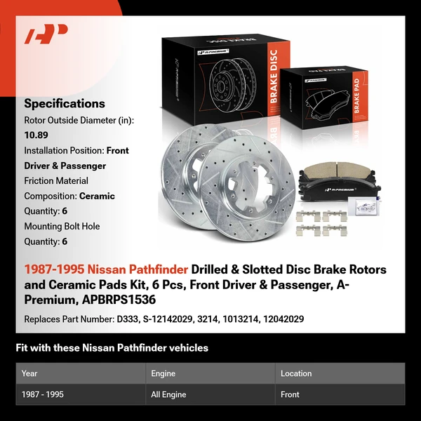 1987-1995 Nissan Pathfinder Drilled & Slotted Disc Brake Rotors and Ceramic Pads Kit, 6 Pcs, Front Driver & Passenger, A-Premium, APBRPS1536