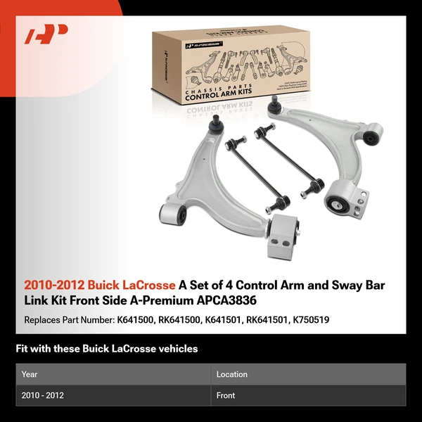 2010-2012 Buick LaCrosse A Set of 4 Control Arm and Sway Bar Link Kit Front Side A-Premium APCA3836