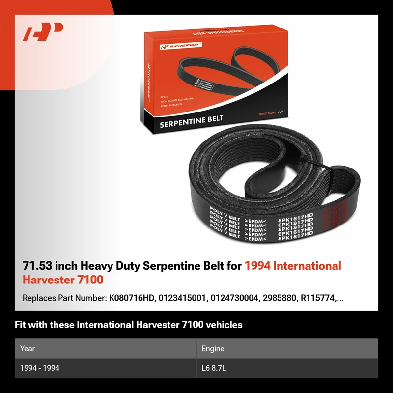 71.53 inch Heavy Duty Serpentine Belt for 1994 International Harvester 7100