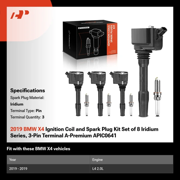 2019 BMW X4 Ignition Coil and Spark Plug Kit Set of 8 Iridium Series, 3-Pin Terminal A-Premium APIC0641