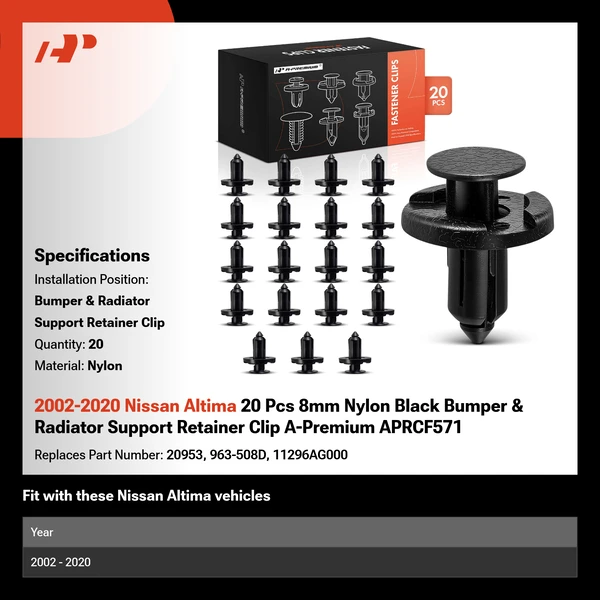 2002-2020 Nissan Altima 20 Pcs 8mm Nylon Black Bumper & Radiator Support Retainer Clip A-Premium APRCF571