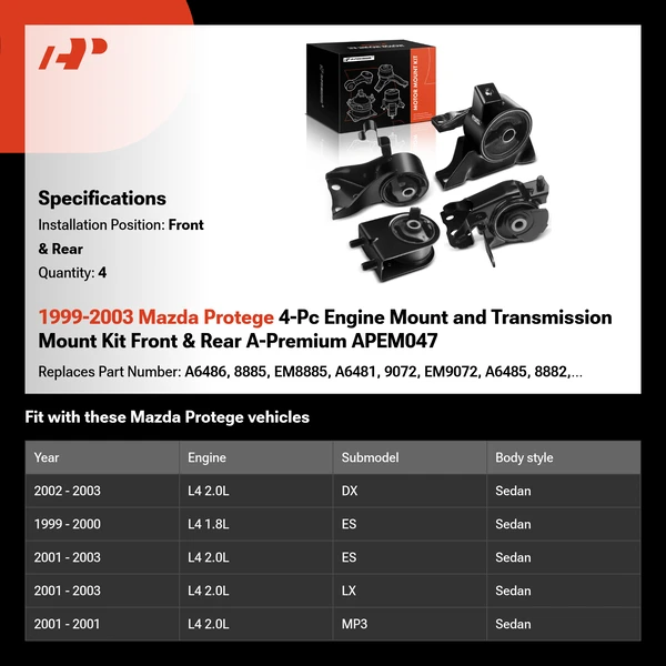 1999-2003 Mazda Protege 4-Pc Engine Mount and Transmission Mount Kit Front & Rear A-Premium APEM047