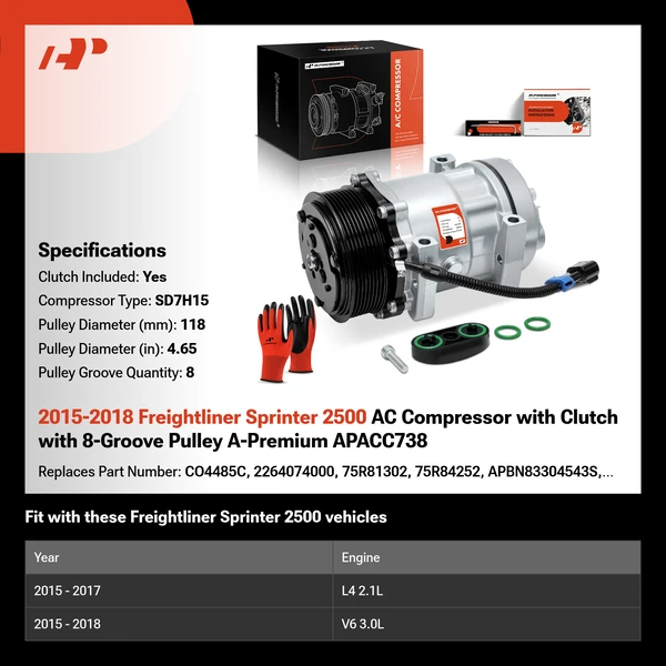 2015-2018 Freightliner Sprinter 2500 AC Compressor with Clutch with 8-Groove Pulley A-Premium APACC738