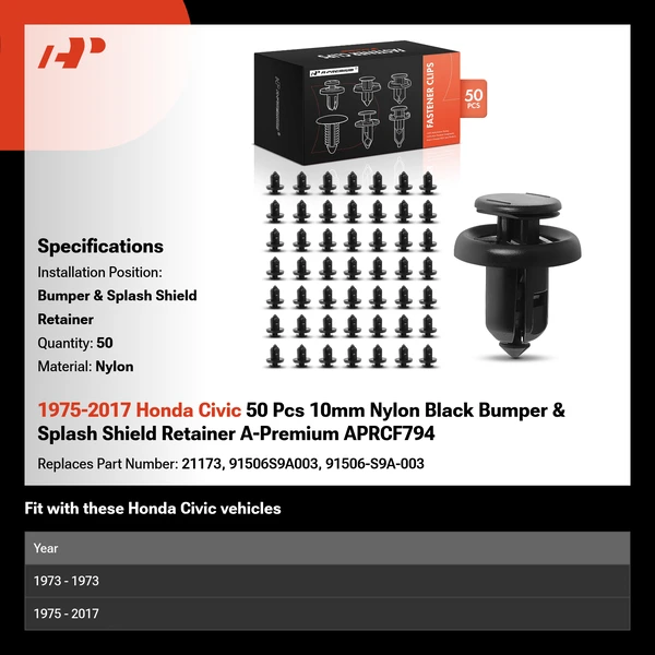 1975-2017 Honda Civic 50 Pcs 10mm Nylon Black Bumper & Splash Shield Retainer A-Premium APRCF794