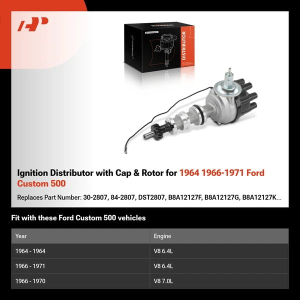 Ignition Distributor with Cap & Rotor for 1964 1966-1971 Ford Custom 500