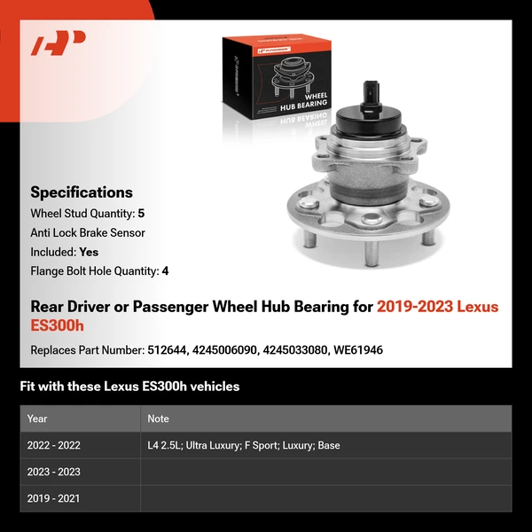 Rear Driver or Passenger Wheel Hub Bearing for 2019-2023 Lexus ES300h