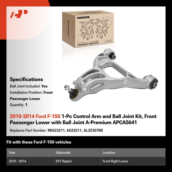 2010-2014 Ford F-150 1-Pc Control Arm and Ball Joint Kit, Front Passenger Lower with Ball Joint A-Premium APCA5641
