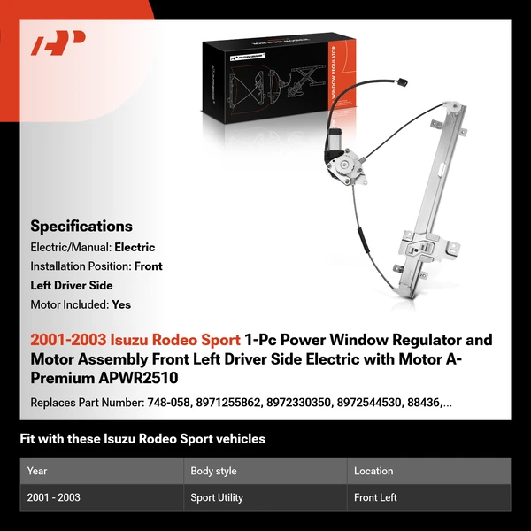 2001-2003 Isuzu Rodeo Sport 1-Pc Power Window Regulator and Motor Assembly Front Left Driver Side Electric with Motor A-Premium APWR2510