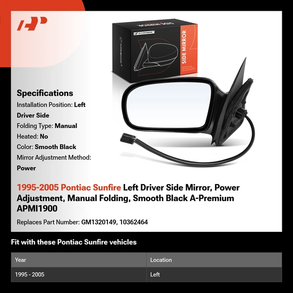 1995-2005 Pontiac Sunfire Left Driver Side Mirror, Power Adjustment, Manual Folding, Smooth Black A-Premium APMI1900