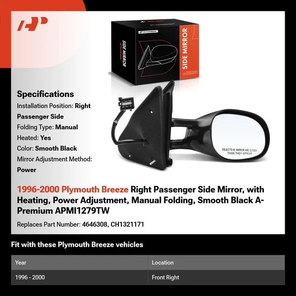 1996-2000 Plymouth Breeze Right Passenger Side Mirror, with Heating, Power Adjustment, Manual Folding, Smooth Black A-Premium APMI1279TW