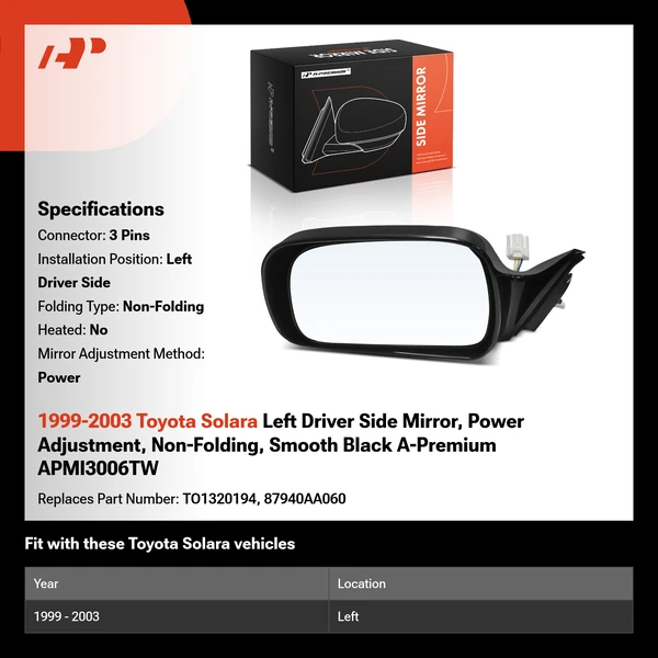 1999-2003 Toyota Solara Left Driver Side Mirror, Power Adjustment, Non-Folding, Smooth Black A-Premium APMI3006TW