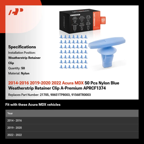 2014-2016 2019-2020 2022 Acura MDX 50 Pcs Nylon Blue Weatherstrip Retainer Clip A-Premium APRCF1374