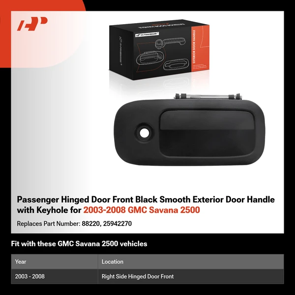 Passenger Hinged Door Front Black Smooth Exterior Door Handle with Keyhole for 2003-2008 GMC Savana 2500