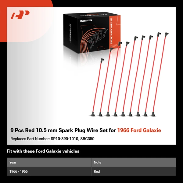9 Pcs Red 10.5 mm Spark Plug Wire Set for 1966 Ford Galaxie