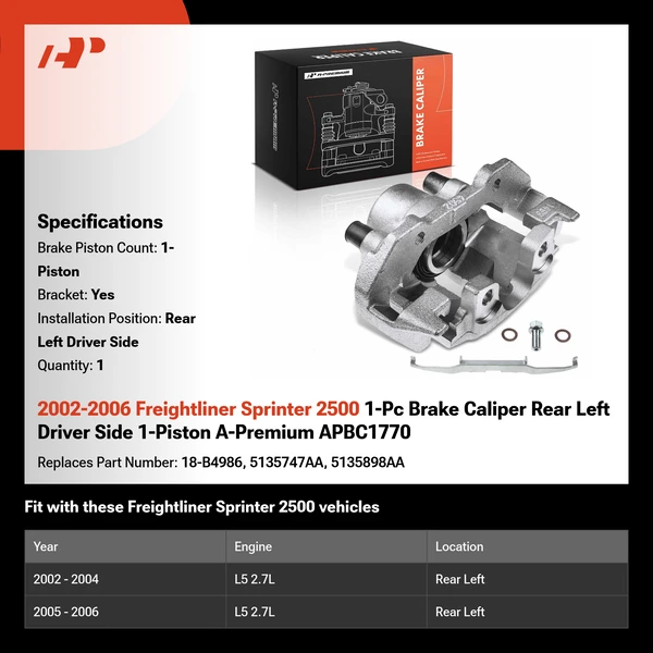 2002-2006 Freightliner Sprinter 2500 1-Pc Brake Caliper Rear Left Driver Side 1-Piston A-Premium APBC1770