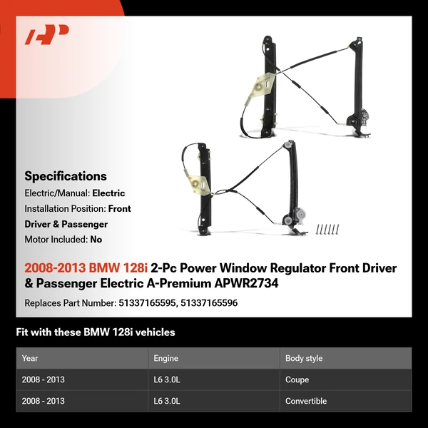 2008-2013 BMW 128i 2-Pc Power Window Regulator Front Driver & Passenger Electric A-Premium APWR2734