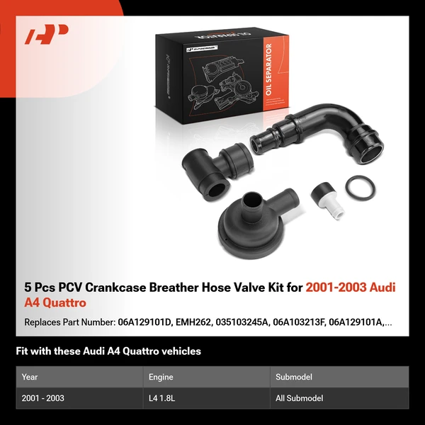 5 Pcs PCV Crankcase Breather Hose Valve Kit for 2001-2003 Audi A4 Quattro