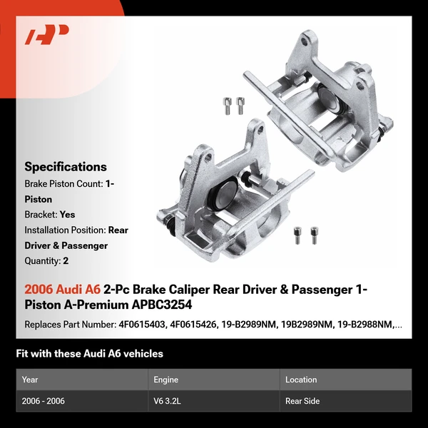 2006 Audi A6 2-Pc Brake Caliper Rear Driver & Passenger 1-Piston A-Premium APBC3254