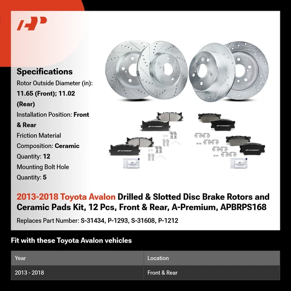 2013-2018 Toyota Avalon Drilled & Slotted Disc Brake Rotors and Ceramic Pads Kit, 12 Pcs, Front & Rear, A-Premium, APBRPS168