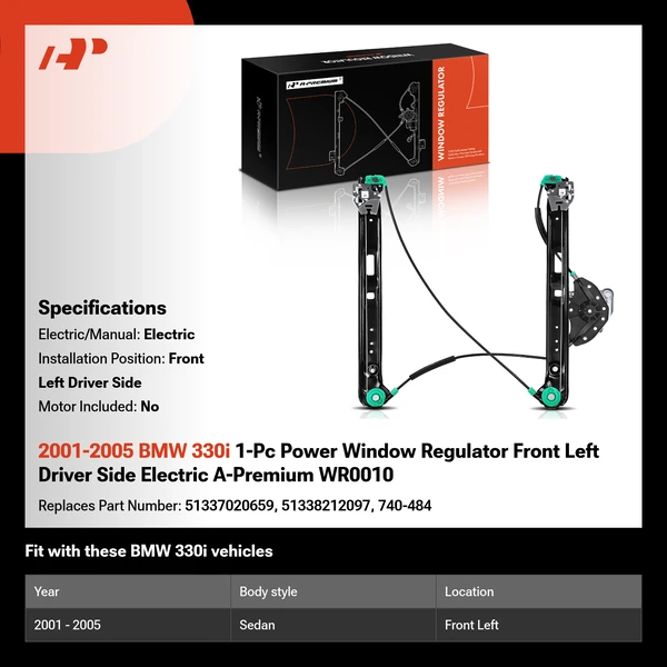 2001-2005 BMW 330i 1-Pc Power Window Regulator Front Left Driver Side Electric A-Premium WR0010