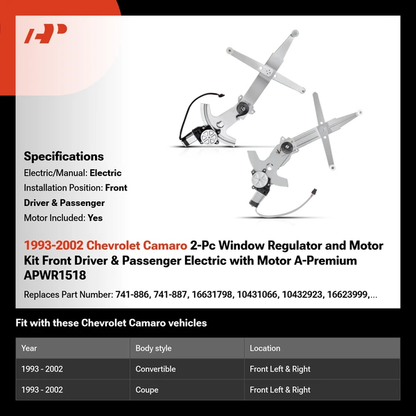1993-2002 Chevrolet Camaro 2-Pc Window Regulator and Motor Kit Front Driver & Passenger Electric with Motor A-Premium APWR1518