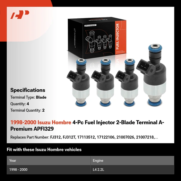 1998-2000 Isuzu Hombre 4-Pc Fuel Injector 2-Blade Terminal A-Premium APFI329