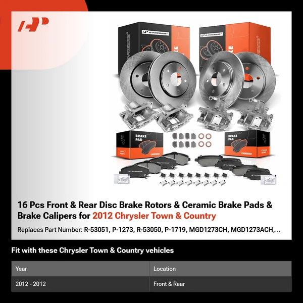 16 Pcs Front & Rear Disc Brake Rotors & Ceramic Brake Pads & Brake Calipers for 2012 Chrysler Town & Country