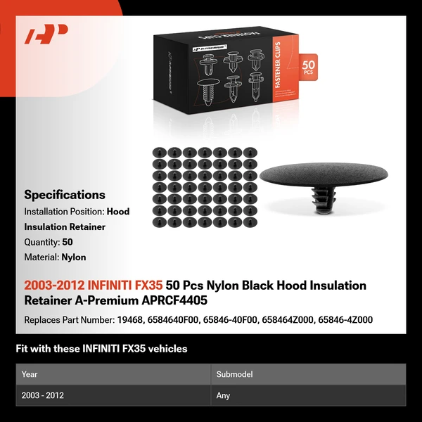 2003-2012 INFINITI FX35 50 Pcs Nylon Black Hood Insulation Retainer A-Premium APRCF4405
