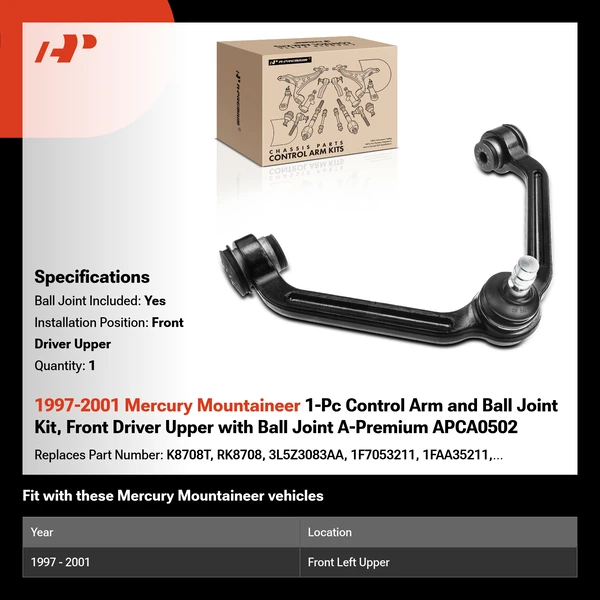1997-2001 Mercury Mountaineer 1-Pc Control Arm and Ball Joint Kit, Front Driver Upper with Ball Joint A-Premium APCA0502